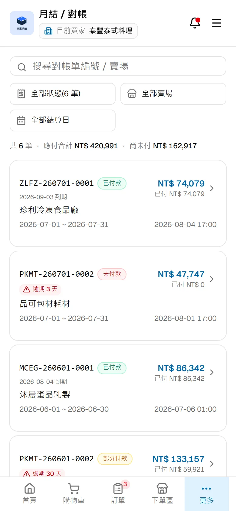 對帳單列表:應付、已付與逾期天數