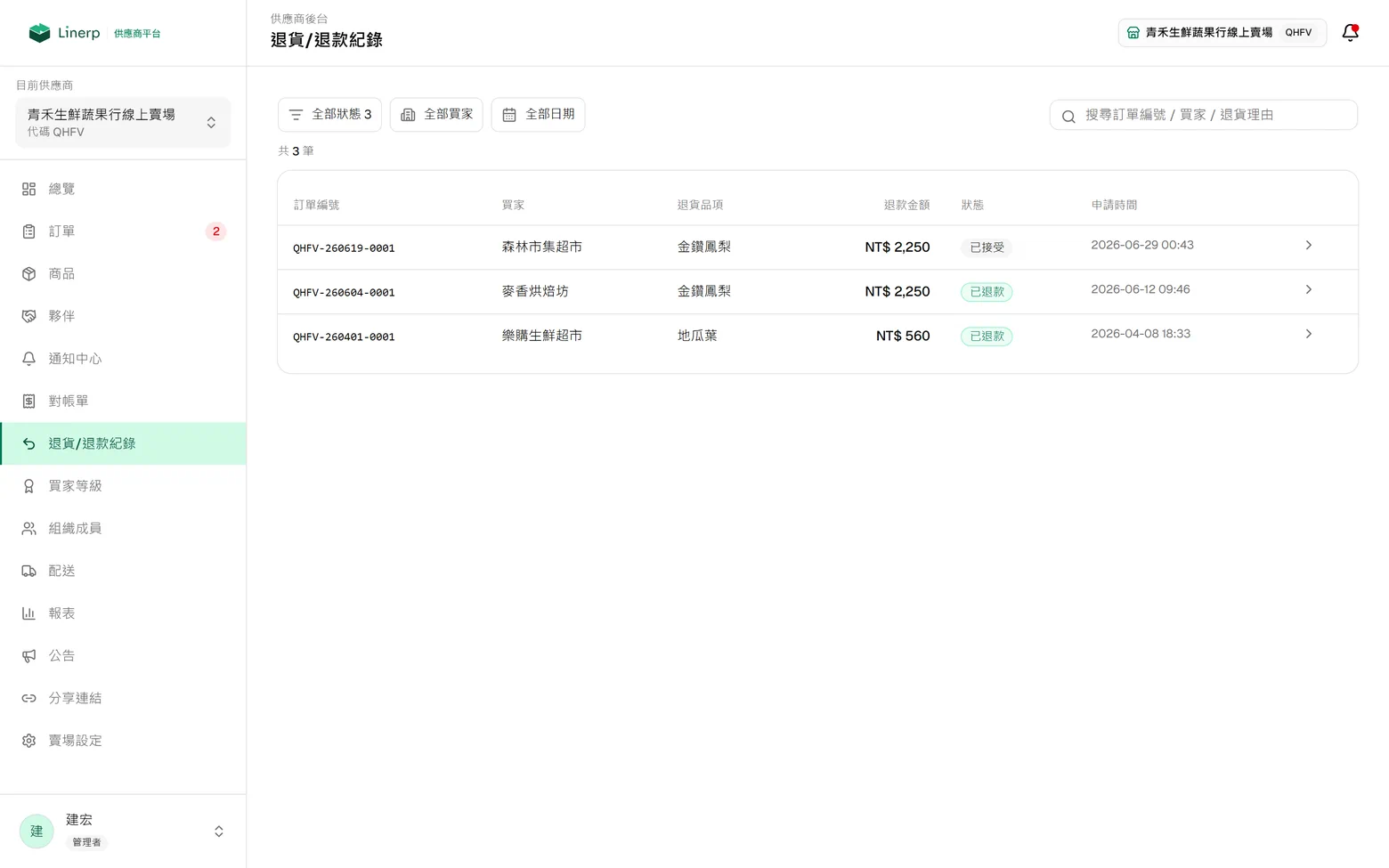 退貨 / 退款紀錄頁